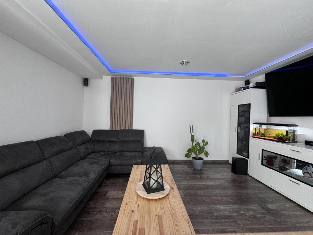 un salon avec un canapé et une télévision dans l'établissement House near Le Mans Circuit with Spa, à Saint-Mars-dʼOutillé