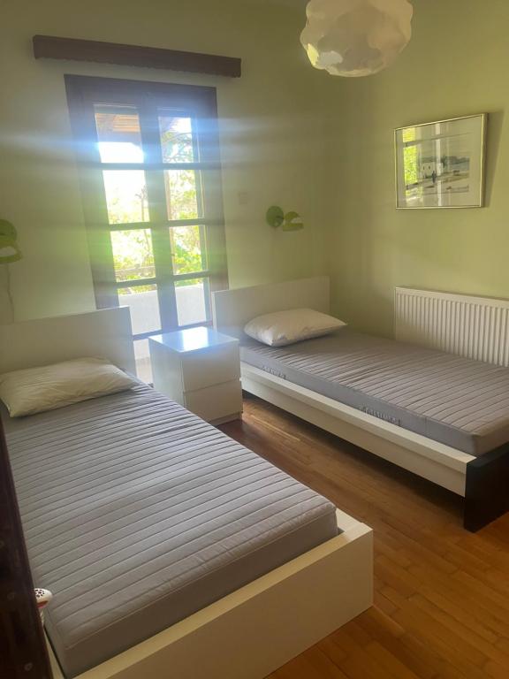 Un dormitorio con dos camas y una ventana. en Lagonisi2025, en Kalívia Thorikoú