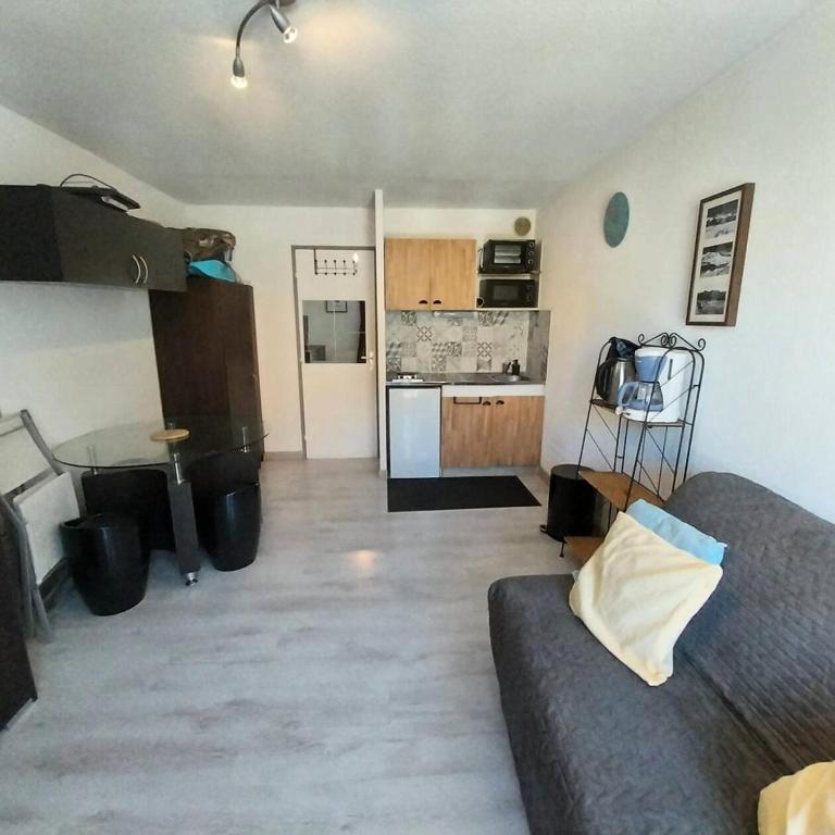 un salon avec un canapé et une cuisine dans l'établissement Résidence Comete - Superbe studio de 4 couchages à Réallon 106C MAE-8841, à Réallon