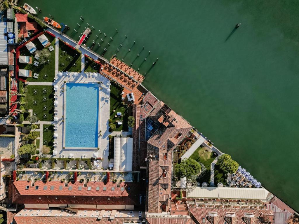 an overhead view of a building in the water at Hotel Cipriani, A Belmond Hotel, Venice in Venice