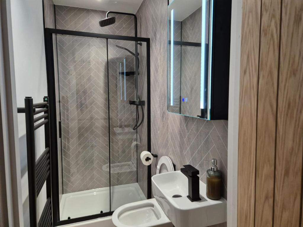 a bathroom with a shower and a toilet and a sink at Luxury 4-Bedroom Haven Garden Parking in South Norwood