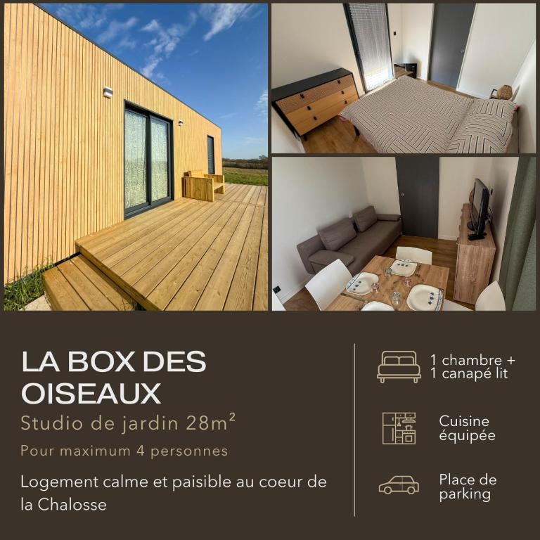 un collage de trois photos d'une maison dans l'établissement La Box des Oiseaux, à Gamarde-les-Bains