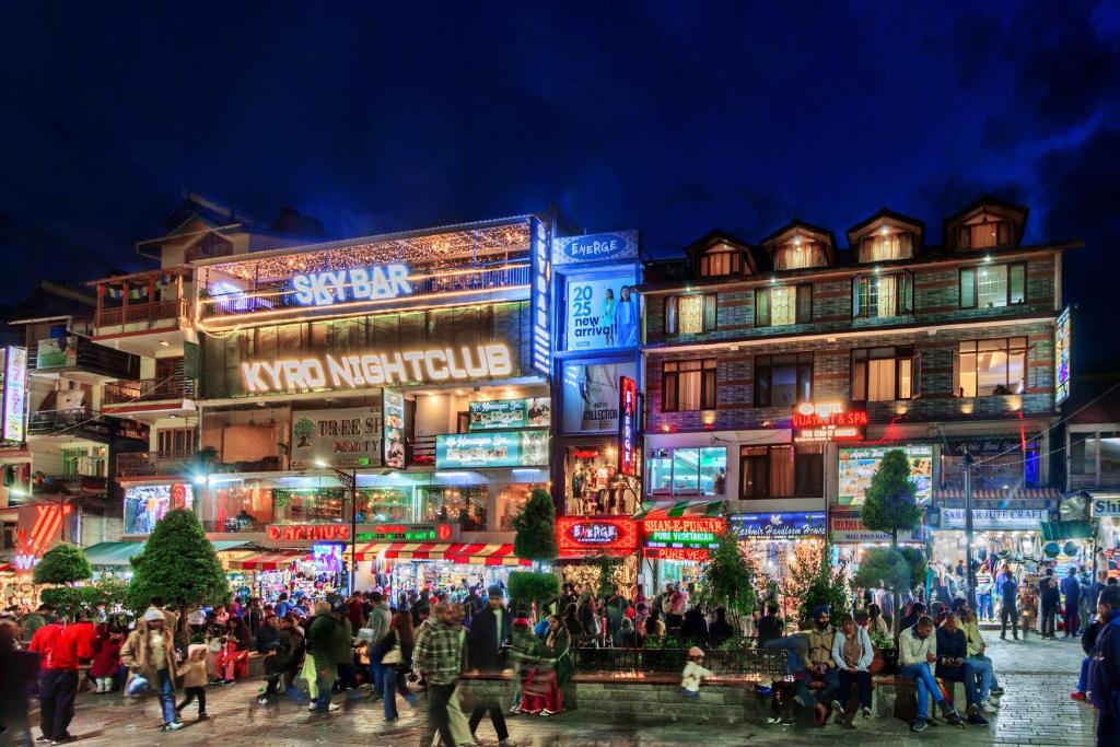 库尔卢Hotel Vijayant - By The Mount Heaven的晚上，一群人在建筑物前行走