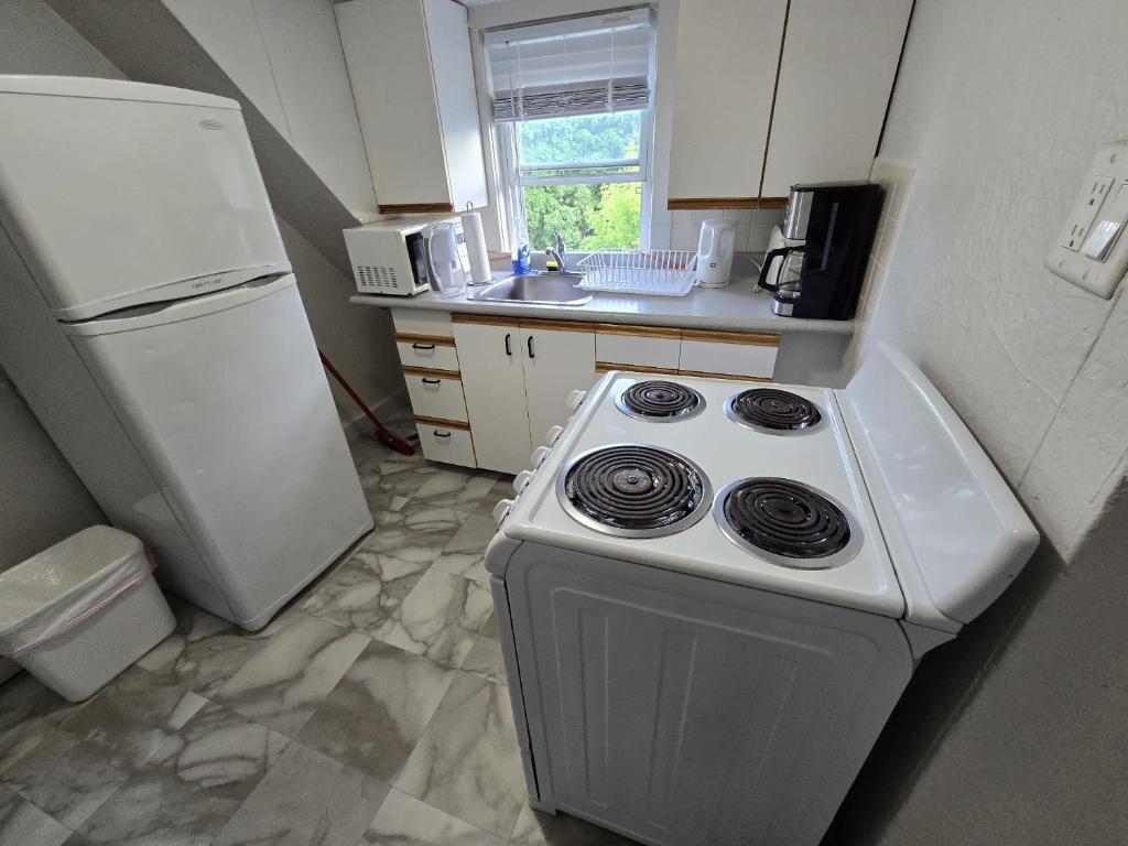 a kitchen with a white stove and a refrigerator at Cozy downtown one bedroom free parking in Kingston