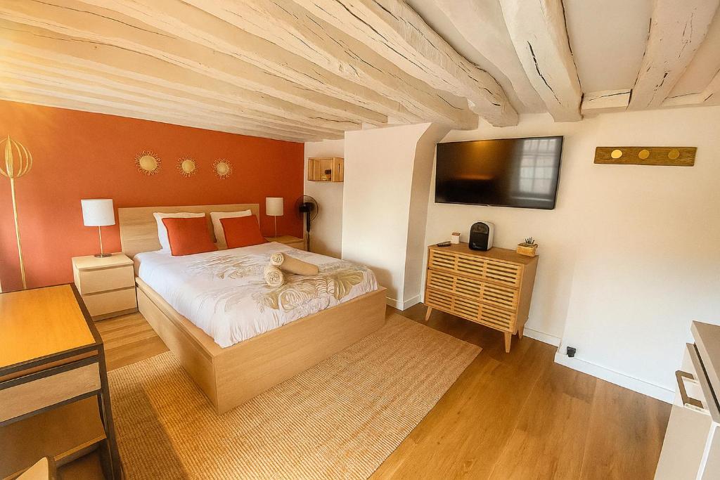 une chambre avec un lit et une télévision à écran plat dans l'établissement PETIT HORLOGE, à Rouen