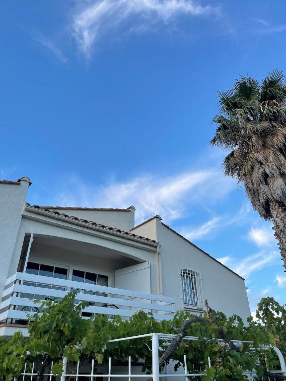 un bâtiment blanc avec un palmier devant dans l'établissement Haut de villa indépendant dans quartier calme, à Saint Cyprien Plage