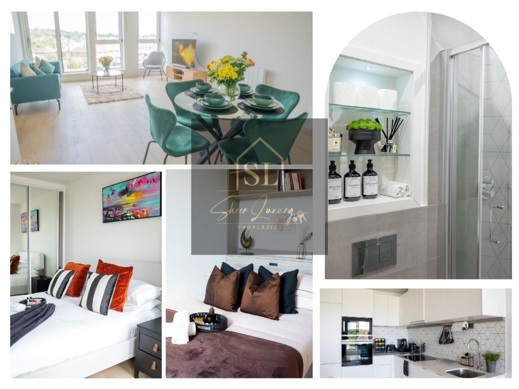 un collage de photos d'une chambre et d'un salon dans l'établissement Luxury 2 Bedroom 2 Bathroom Apartment In Wimbledon, à New Malden