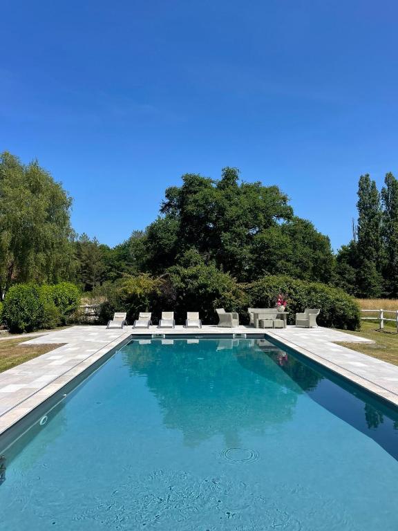 - une piscine avec des chaises et de l'eau bleue dans l'établissement Maison avec piscine & tennis partagés - proche Châteaux de la Loire - 1h30 de Paris, à Combreux