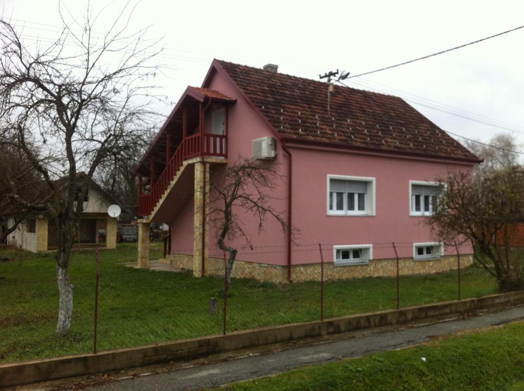 ein rosa Haus am Straßenrand in der Unterkunft Apartman Anka in Ratkovica