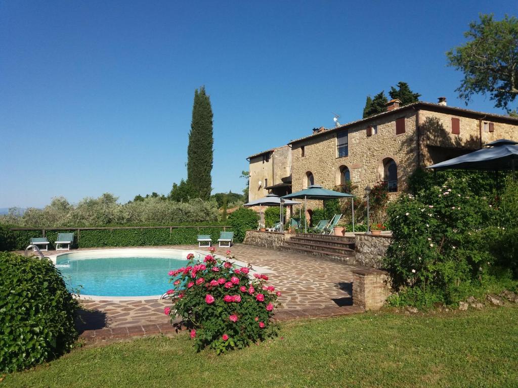 una casa y una piscina frente a un edificio en Podere Il Caggio Rooms en San Gimignano