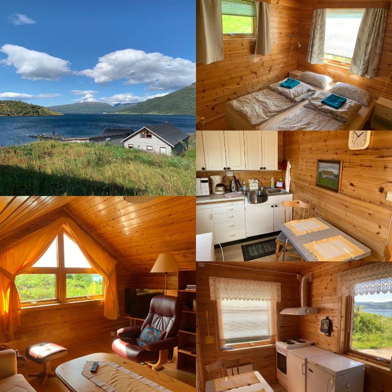 a collage of four pictures of a cabin at Søndre Forøya Gård in Tromsø