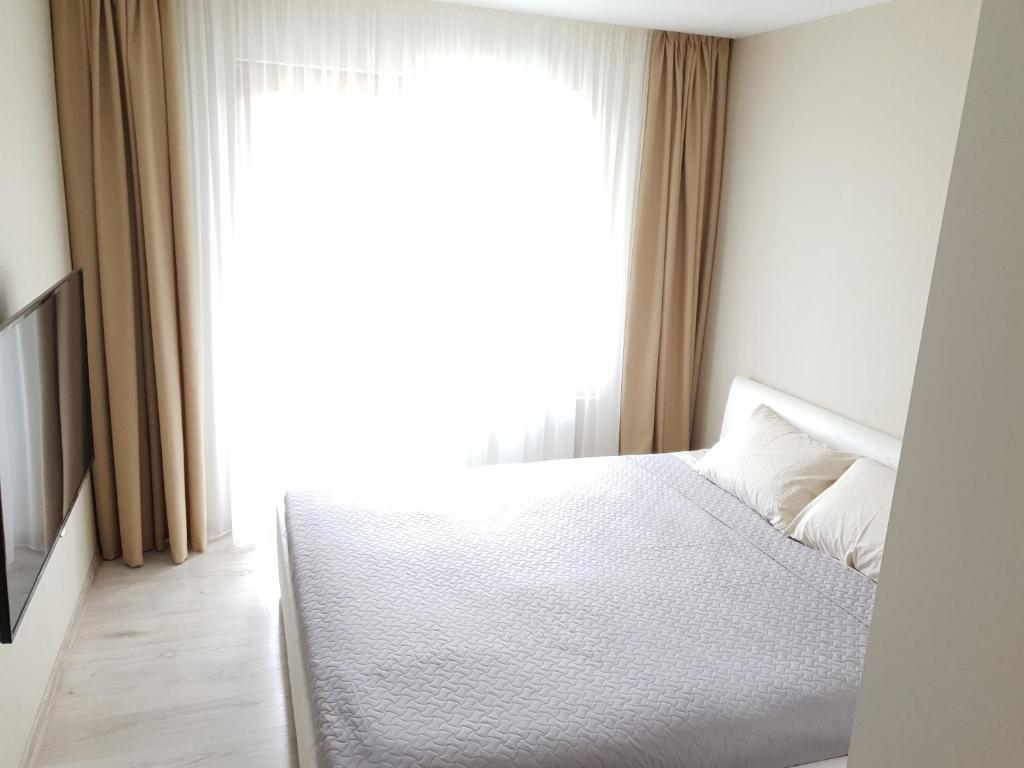 a bed in a room with a large window at Ezerkrasts Kempes 28 in Liepāja