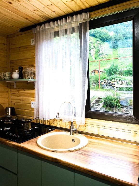 a bathroom counter with a sink and a window at Cottage Rest in kazbegi in Kazbegi