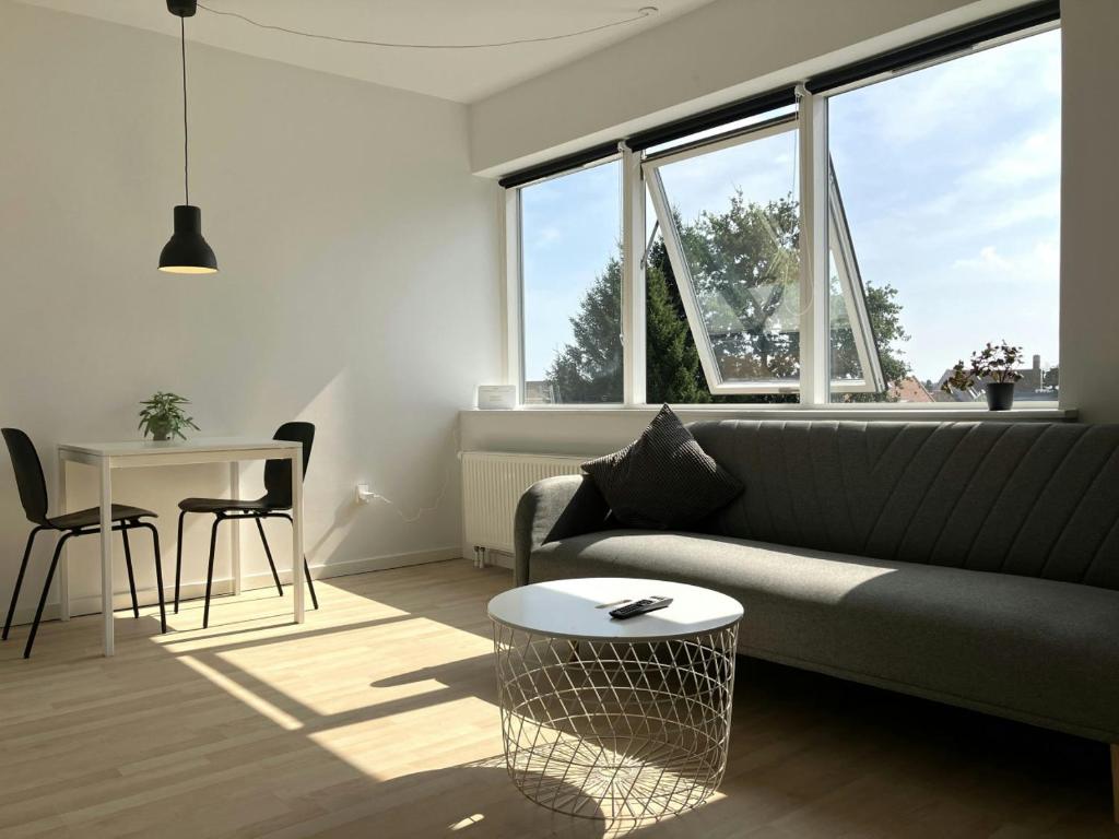 ein Wohnzimmer mit Sofa und Tisch in der Unterkunft Central Studio for 1 in Fredericia