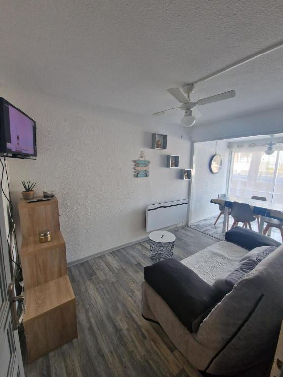 un salon avec un canapé et une télévision à écran plat dans l'établissement Apartment T2 Gruissan, à Gruissan