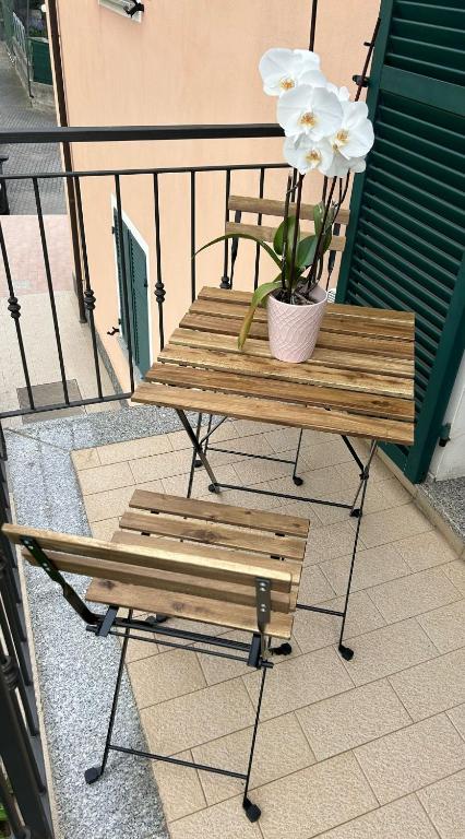 a wooden bench and a potted plant on a balcony at Appartamento Camineve 2 in Loano