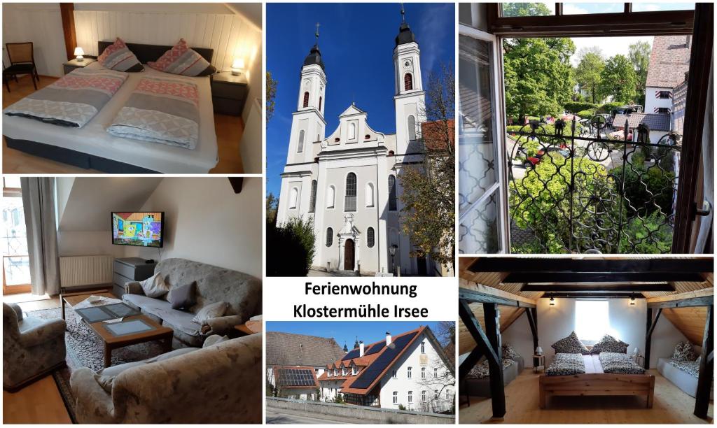 Postel nebo postele na pokoji v ubytování Ferienwohnung KIostermühle Irsee - Parkplätze, Spielplatz, Biergarten, Badesee, E-Auto Ladepunkt