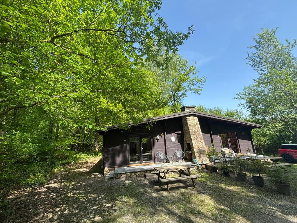 a small cabin with a picnic table in front of it at Forest Lodge in Petit Mesnil