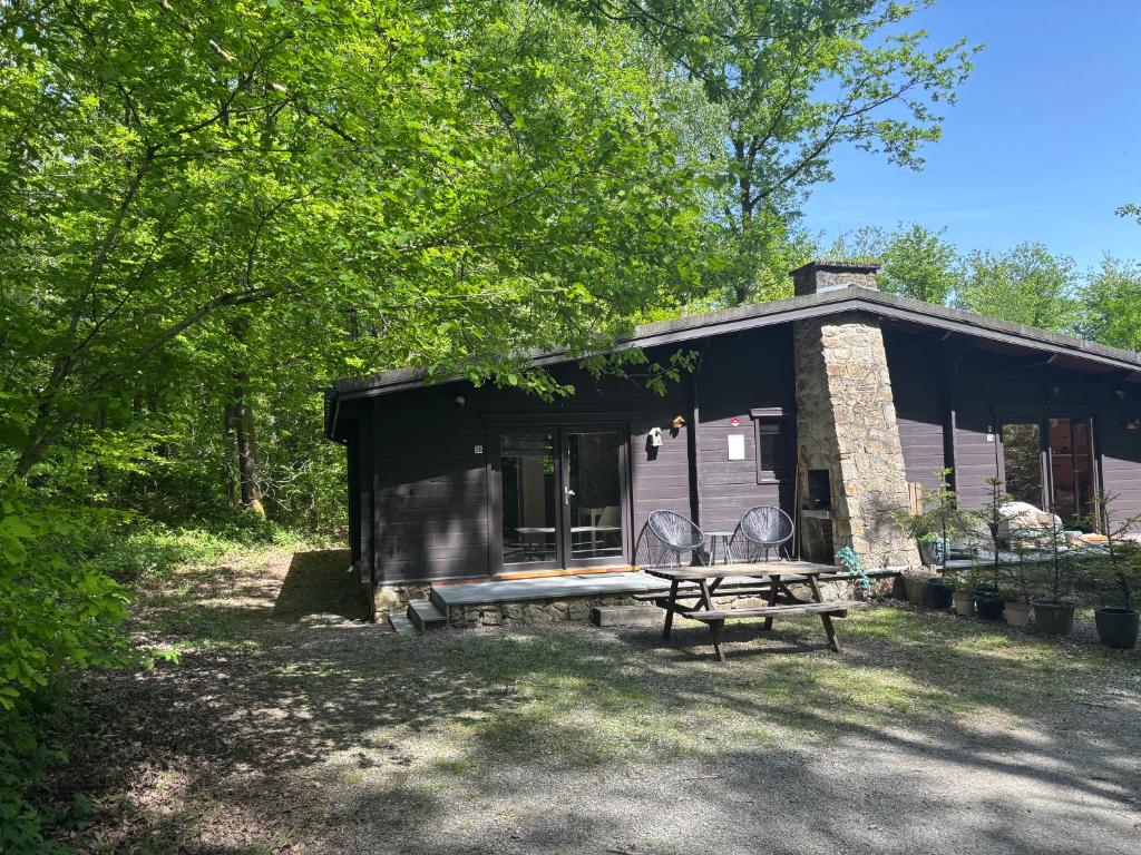 a cabin with a picnic table in front of it at Forest Lodge in Petit Mesnil