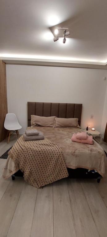 a bedroom with a large bed with two pillows on it at departamento boutique centrico- villa carlos paz in Villa Carlos Paz