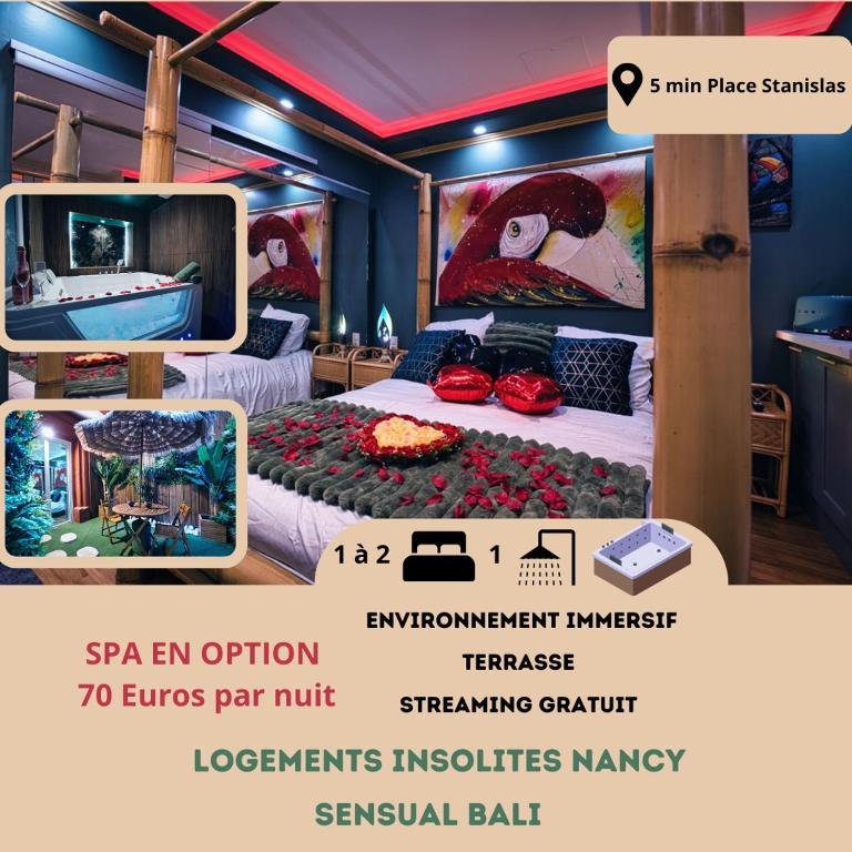 Cette chambre comprend un lit à baldaquin et une télévision. dans l'établissement Le Petit Sensual Bali Spa Option 300m Place Stanislas, à Nancy