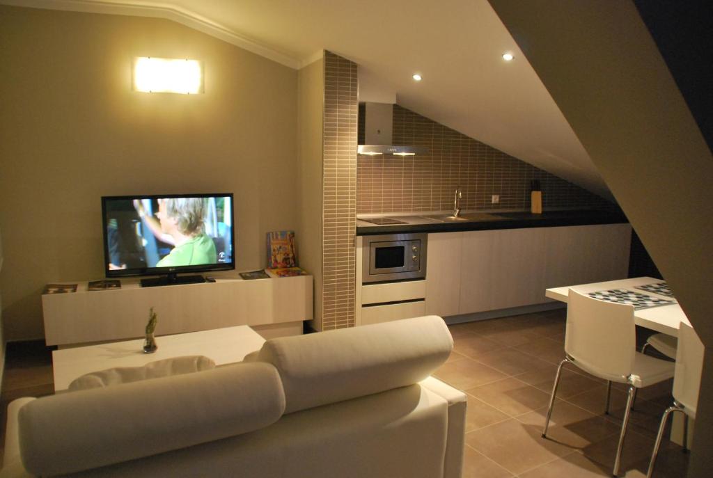 a living room with a couch and a tv and a kitchen at Aparthotel Meseguer in Alcañiz