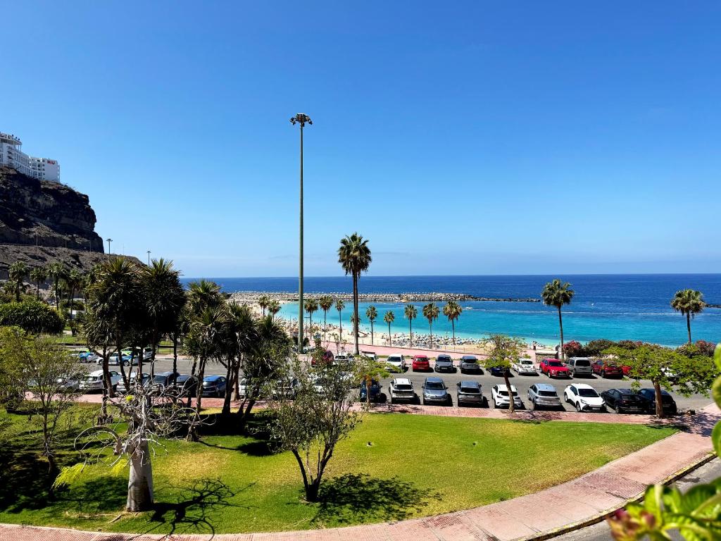a parking lot with palm trees and the ocean at Holiday Club Playa Amadores in Amadores