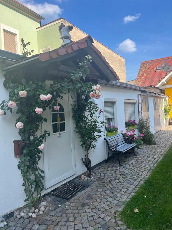 a white house with a bench in front of it at Ferienwohnung Heyne in Weinböhla
