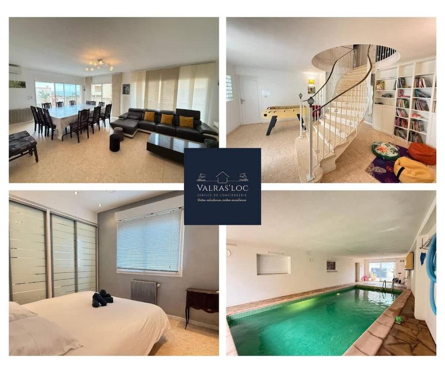 un collage de quatre photos d'une maison avec une piscine dans l'établissement Valras-Loc Pieds dans le sable Piscine Interieure, à Valras-Plage