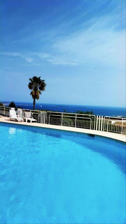 une grande piscine bleue avec un palmier et l'océan dans l'établissement Grand-Duc Résidence avec piscine - 2 pièces, à Mandelieu-la-Napoule