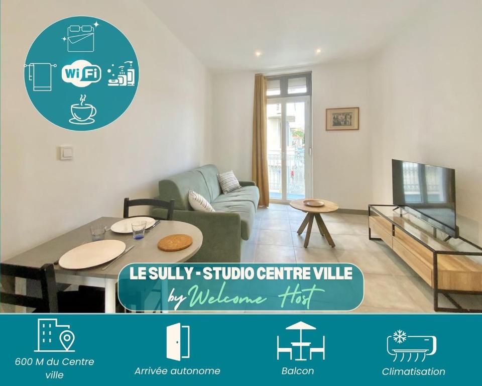 un salon avec un canapé et une table dans l'établissement SweetHome Sully, à Nîmes