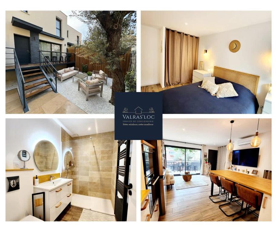 un collage de trois photos d'une chambre et d'une maison dans l'établissement Villa Paradis 2 Soleil Mer Plage, à Valras-Plage