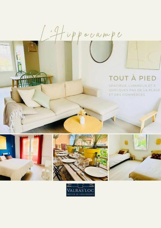 un collage de photos d'un salon dans l'établissement Valras-Loc L-Hippocampe, tout a pied - 2 chambres, à Valras-Plage