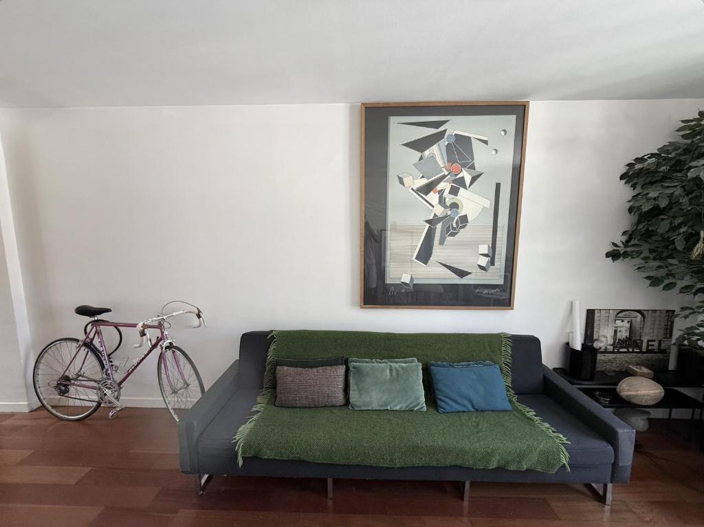 un canapé vert dans un salon avec un vélo dans l'établissement Appartement avec balcon, à Paris