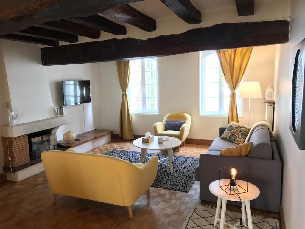 un salon avec un canapé et une cheminée dans l'établissement Grand appartement de charme vieux Chinon 11 personnes, à Chinon