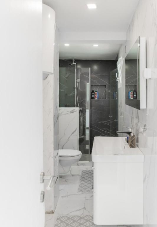 a white bathroom with a toilet and a sink at Sea side apartment in Kotor