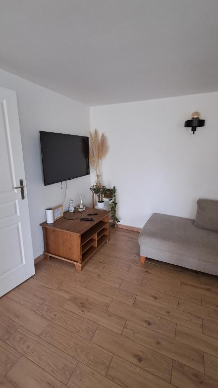 Televízia a/alebo spoločenská miestnosť v ubytovaní Apartament Biały Domek