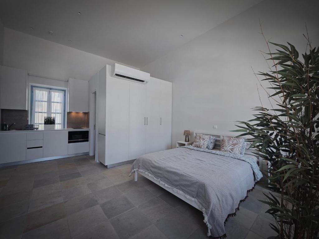 リマソールにあるLimassol Centr Apartamentの白いベッドルーム(ベッド1台、植物付)