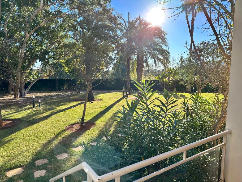 une vue d'un parc avec des palmiers et une clôture dans l'établissement Casa Brût - OLIVA NOVA, à Oliva
