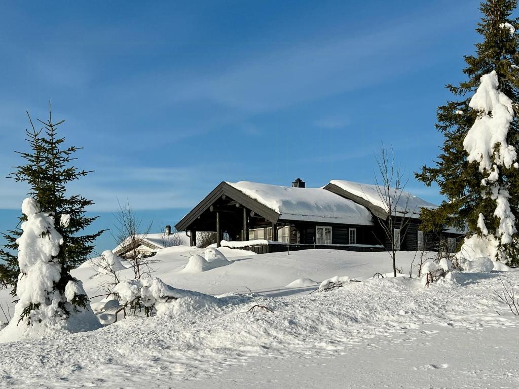 ein schneebedecktes Haus vor in der Unterkunft Family-Friendly Log Cabin With Panoramic View in Østby