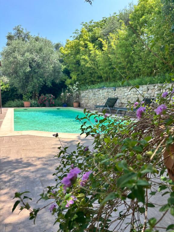 - une piscine avec un banc et des fleurs violettes dans l'établissement La maison aux oliviers, à Grasse