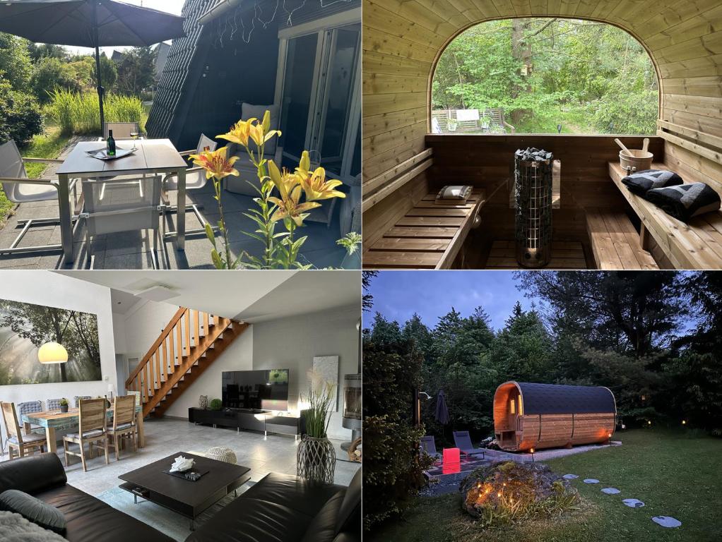 a collage of four pictures of a house at Komfortables Ferienhaus in Lichtenberg bei Hof im Frankenwald 400m vom See nahe Bad Steben in Lichtenberg