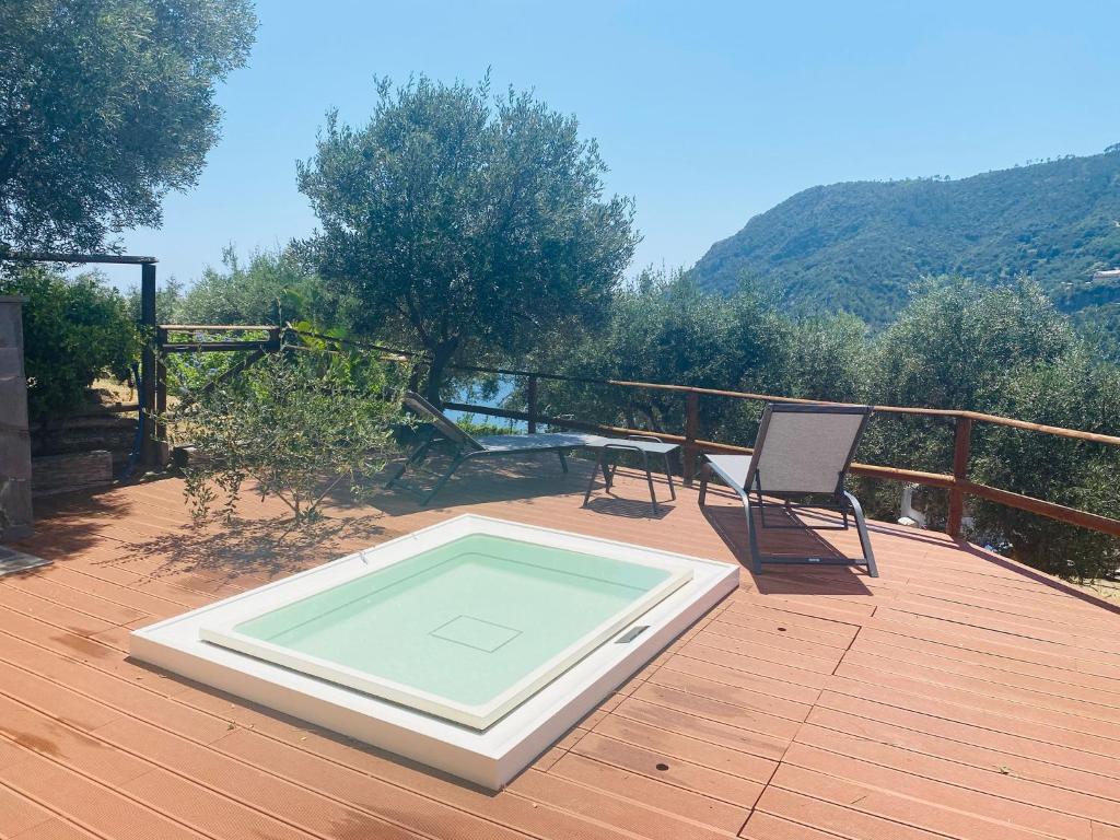 a pool on a deck with a chair and a table at La Cabana Cinque Terre Monterosso in Monterosso al Mare