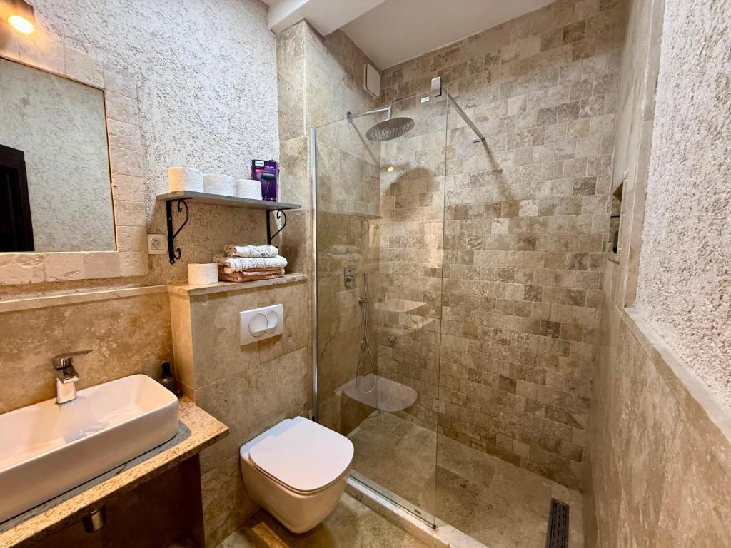 a bathroom with a shower and a toilet and a sink at Hotel Villa Perla Di Mare in Budva