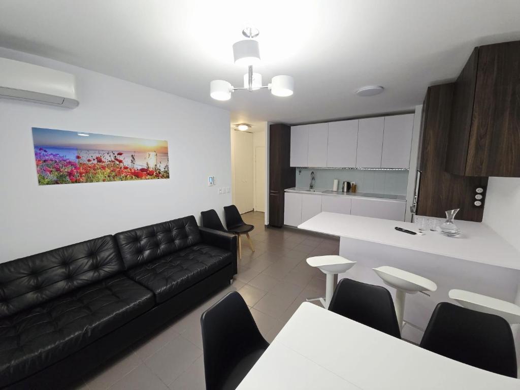 un salon avec un canapé noir et une cuisine dans l'établissement Nice Riquier 8, à Nice