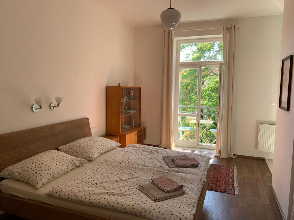 Postel nebo postele na pokoji v ubytování Mama's apartment in Letna