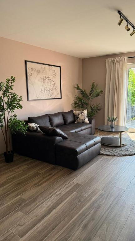 Traum-Ferienwohnung über 2 Etagen mit Sonnenterasse und Seenähe في زولبيتش: غرفة معيشة مع أريكة جلدية سوداء وطاولة