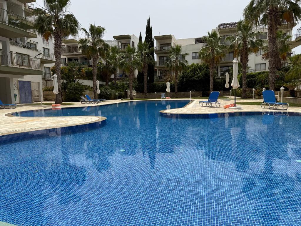 a large swimming pool with blue chairs and palm trees at Near the sea Danaos 2 nice 2bd, 2bath sea view in Paphos City