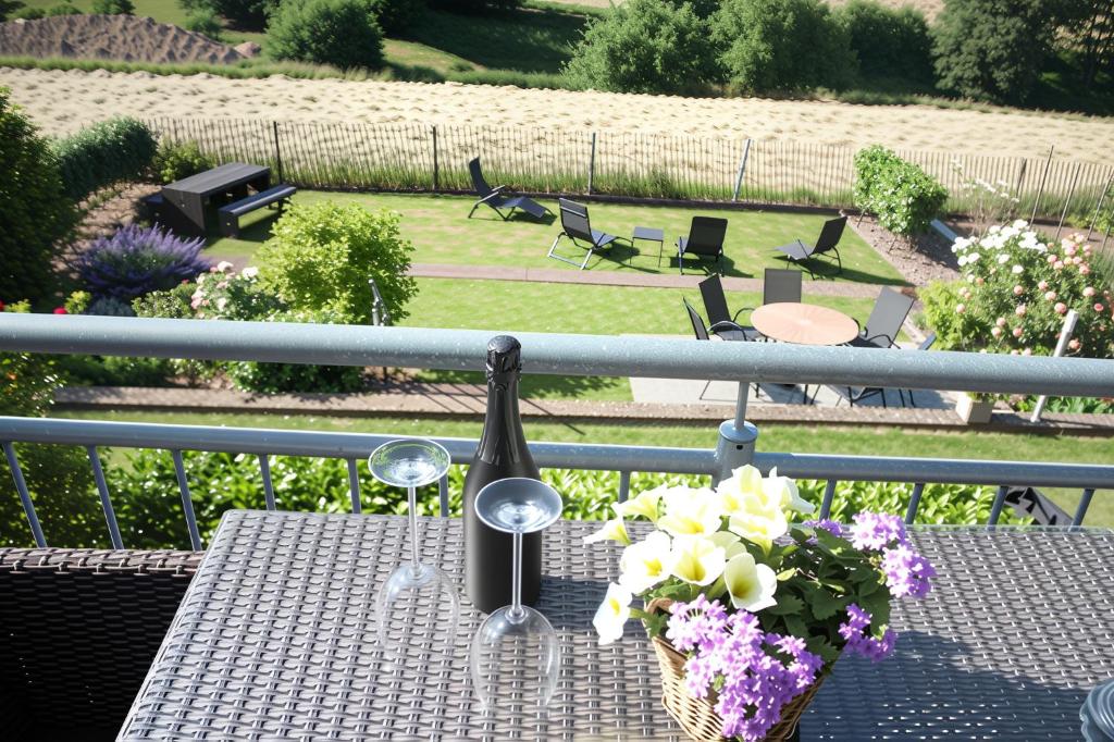 einen Tisch mit Weingläsern und Blumen auf dem Balkon in der Unterkunft Eifel-Ferienhaus Landblick in Hürtgenwald