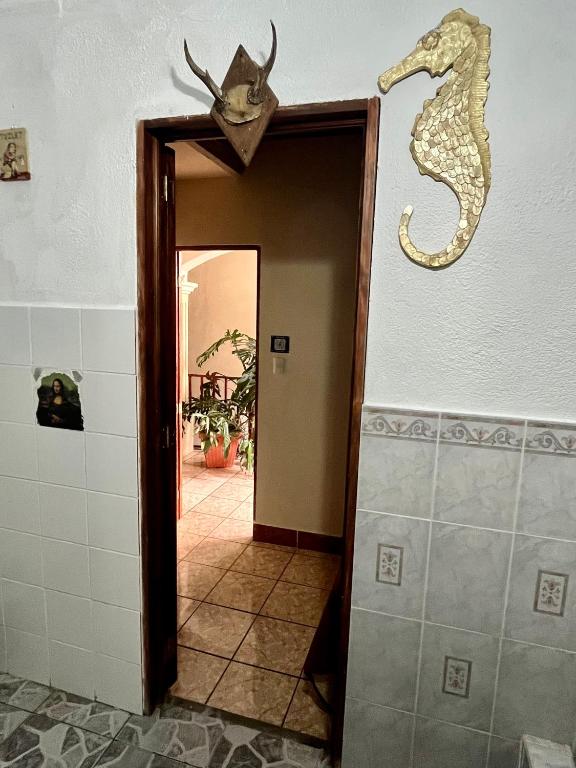a door with a seahorse hanging on the wall at Jireh guesthouse in Antigua Guatemala
